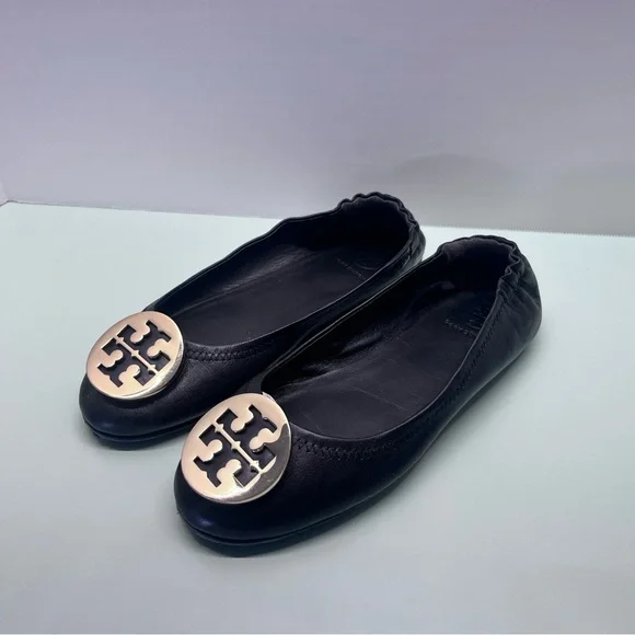 Tory Burch Black Flats with Gold Logo - Picture 1 of 9